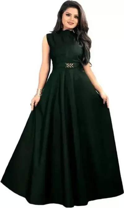 Solid Satin Stitched Gown (Dark Green)