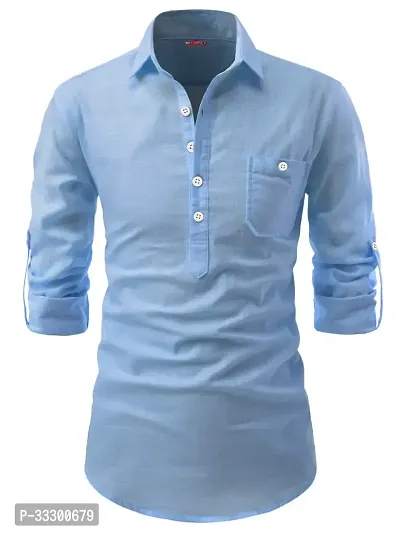 Reliable Sky Blue Cotton Solid Short Length Kurta For Men-thumb0