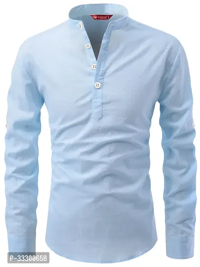 Reliable Sky Blue Cotton Solid Short Length Kurta For Men-thumb4