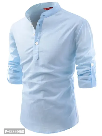 Reliable Sky Blue Cotton Solid Short Length Kurta For Men-thumb0