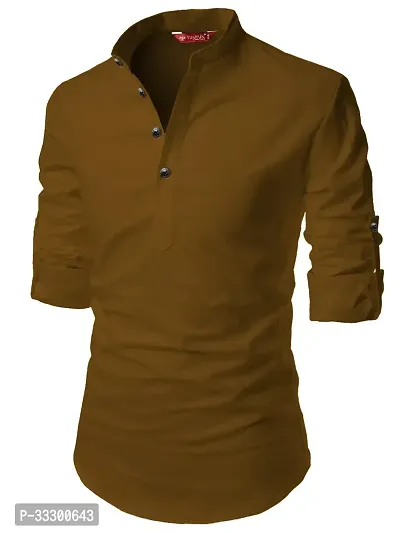 Reliable Golden Cotton Solid Short Length Kurta For Men-thumb0