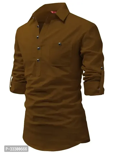 Reliable Golden Cotton Solid Short Length Kurta For Men-thumb0