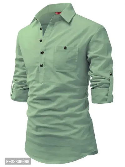 Reliable Light Green Cotton Solid Short Length Kurta For Men