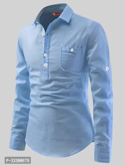 Reliable Sky Blue Cotton Solid Short Length Kurta For Men-thumb3