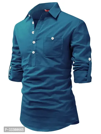 Reliable Dark Teal Cotton Solid Short Length Kurta For Men-thumb0