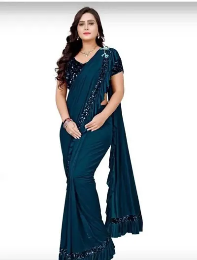 Beautiful Lycra Blend Embellished Saree With Blouse Piece For Women