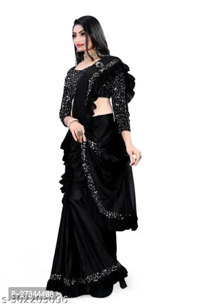 Womens Ready To Wear Lycra Sequence Embroidered Saree With Blouse Piece-thumb0