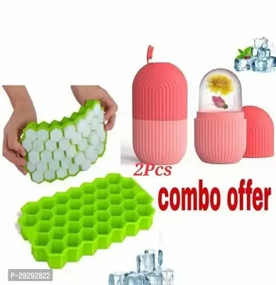 Combo Pack Of Silicone Honey Ice Cube TrayGreen1 Pcs With Silicone Ice Face RollerMaroon1 Pcs-thumb0