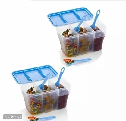 Combo Pack 3 in 1 Multipurpose 3 Section Kitchen Fridge Storage Airtight Container Set for Vegetables Dry Fruits Spices Groceries and Pickles with 3 Spoons Storage Set Blue2 Pcs-thumb0