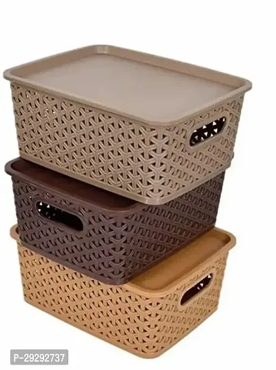 Plastic 3 Pieces Small Size Multipurpose Solitaire Storage Basket With Lid PREMIUM QUALITYMulti 3 Pcs-thumb0