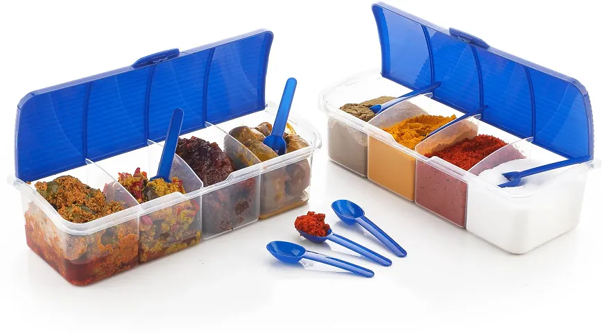 GULMOX Multipurpose Plastic 4 In 1 Masala Box for Kitchen, Transparent Pickel Box, 4 Compartment Storage Container Airtight For Cereal, Dry Fruits Dabba1500 Ml with 4 Spoons (Set Of 2)