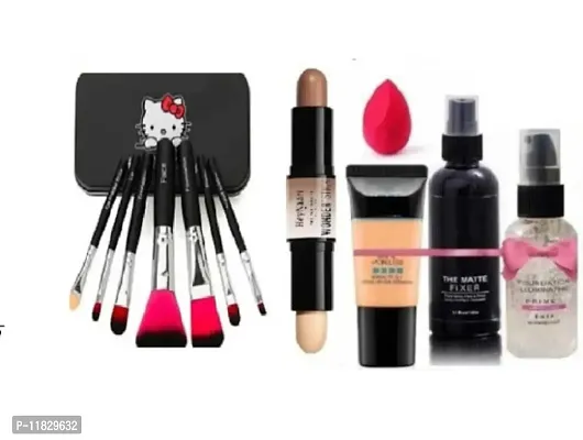 HELLO KITY MAKEUP BRUSHES WITH MAKEUP FIXER ,PRIMER,FOUNDATION ,MAKEUP BLANDER AND CONTUNER STICK COMBO-thumb0