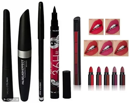 Eyeliner Maskara Eyebarrow Pencil 3In1 Combo With 5In1 Red Lipstick And Eyeliner 36H Makeup Eye Liner