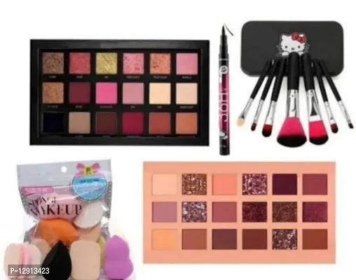 Rosegold And Nude Eyeshadow With Makeup Brushes Puffs And Blender Pack With Eyeliner 36H Combo Makeup Eye Shadow