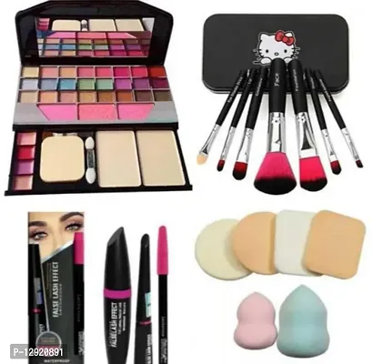 MAKEUP KIT WITH MAKEUP BRUSHES AND EYELINER MASKARA EYEBAROW PENCIL 3IN1 COMBO WITH PUFFS AND BLANDER PACK
