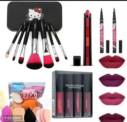 RED LIQUID MATTE  LIPSTICK 4IN1 WITH HELLO KITTY MAKEUP BRUSHES ,5IN1 LIPSTICK ,2PCS EYELINER AND PUFFS AND BLANDERS FAMILY PACK  COMBO