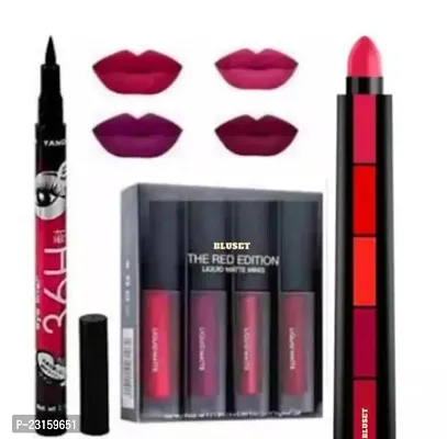 RED LIQUID LIPSTICK PACK OF 4 WITH EYELINER 36H AND 5IN1 RED MATTE LIPSTICK-thumb0