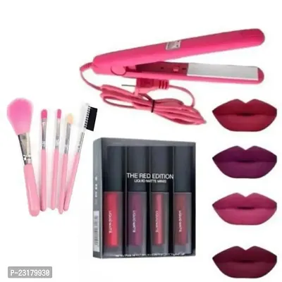 RED LIQUID LIPSTICK SET OF 4 PCS WITH MAKEUP BRUSHES 5PCS AND HAIR STRAIGTNER