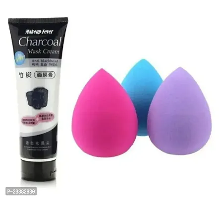 CHARCOAL MASK CREAM WITH 3PCS MAKEUP BLANDERS-thumb0