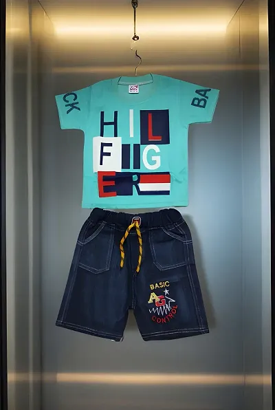 Trendy Cotton Blend Printed T-Shirts With Shorts For Boys