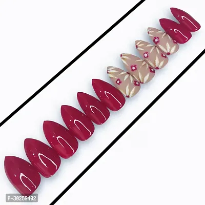 12Pcs Almond Glossy Dark Pink Floral Designer Press On Nails With Applicable Kit-thumb0