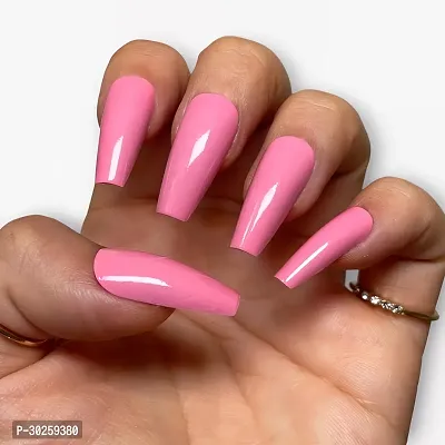 12Pcs Long Coffin Glossy Plain Pink Designer Press On Nails With Kit