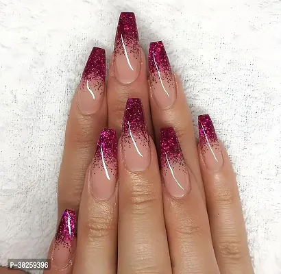 Press On Fake Designer Artificial Nails Extension Ballerina 12 Nails With Manicure Kit Pink Glitter Ombre-thumb0