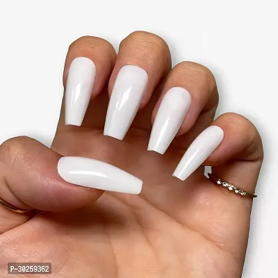 Long Coffin Glossy Plain White Designer Press On Nails With Kit 12 Nails