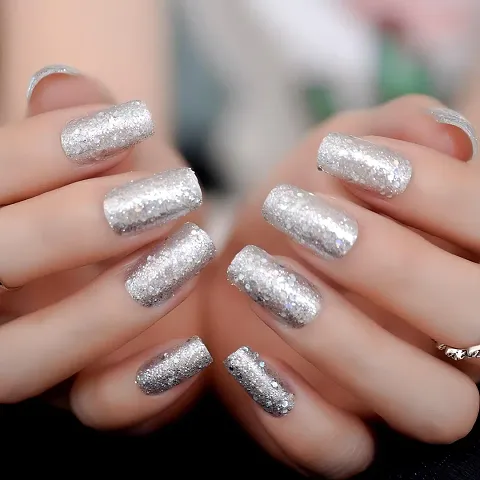 Silver Glitter Artificial Fake Press On Nails Extension For Girls And Women Multicolor 12 Nails