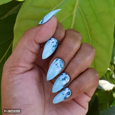 Nails Extension Almond Sky Blue Marble Designer Press On Nails With Applicable Kit 12 Nails