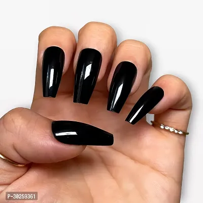 Long Coffin Glossy Plain Black Designer Press On Nails With Kit 12 Nails