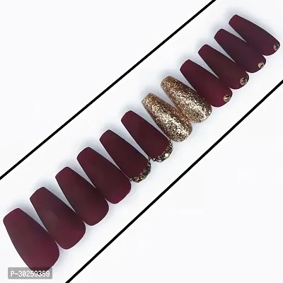 Medium Ballerina Matte Maroon Studded Designer Press On Nails With Applicable Kit-thumb0