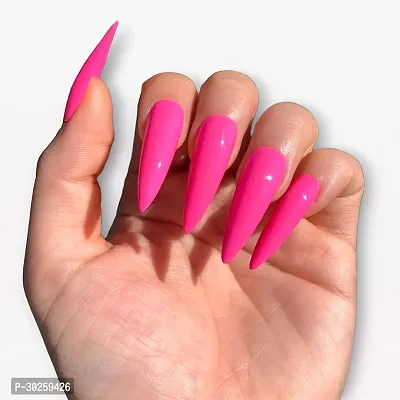 Long Stiletto Glossy Pink Plain Designer Press On Nails With Kit 12 Nails-thumb0