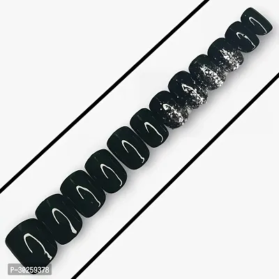 Square Glossy Silver Glitter Designer Press On Nails Black With Applicable Kit-thumb0