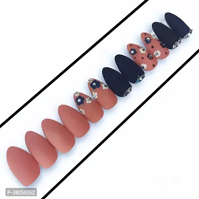 12Pcs Almond Matt Floral Stud Designer Press On Nails With Applicable Kit-thumb0