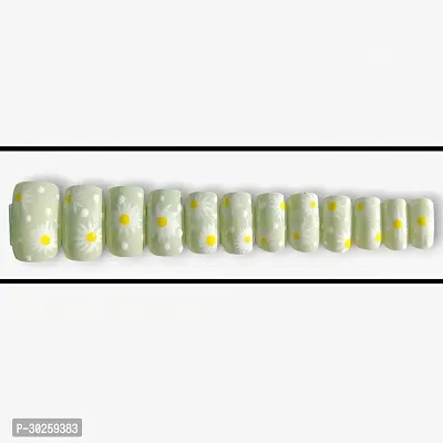 Medium Square White Floral Designer Press On Nails With Applicable Kit Light Green 12 Nails-thumb0