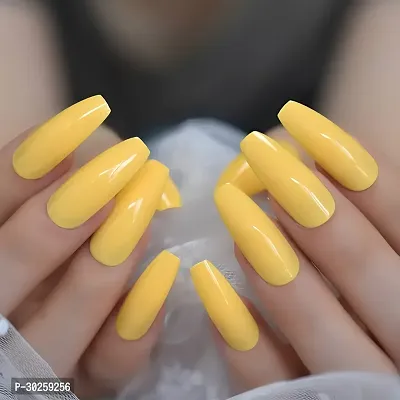 Long Coffin, Glossy, Plain Yellow Nails Multicolor 12 Nails-thumb0