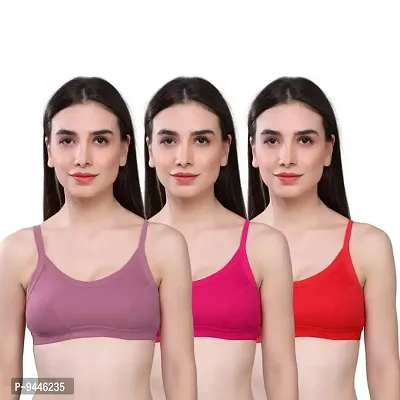 SKDREAMS Multicolor Cotton Blend Seamed Non Padded Women's Set of 3 Sports Bra Combo