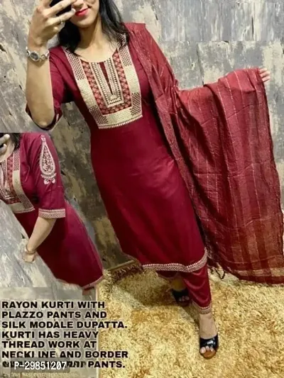 Stylish Maroon Rayon Kurta With Pant And Dupatta Set For Women-thumb0