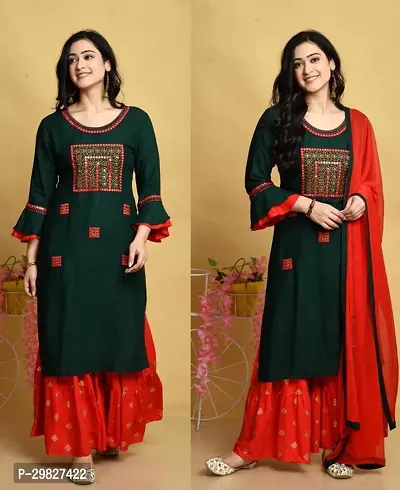 Stylish Green Cotton Kurta With Sharara And Dupatta Set For Women-thumb0