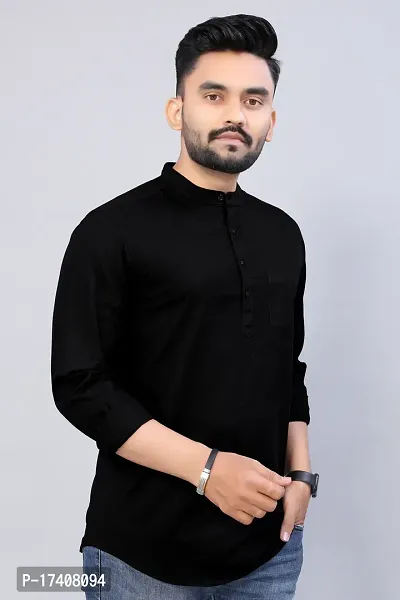 Reliable Black Cotton Blend Solid Hip Length Kurta For Men-thumb4