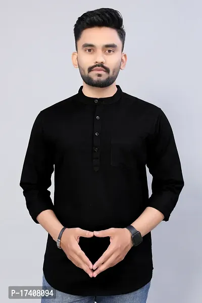 Reliable Black Cotton Blend Solid Hip Length Kurta For Men-thumb0