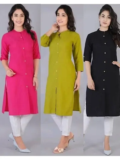 Women Cotton Solid Straight Kurti Combo Of 3