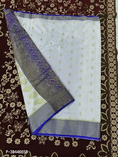 Stylish Art Silk White Banarasi Woven Design Saree With Blouse Piece For Women-thumb0