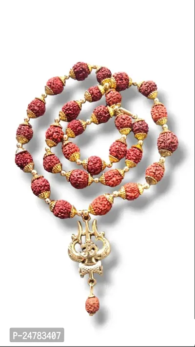 Lord Shiva Trishula Damaru Locket With Puchmukhi Rudraksha Mala  Gold-plated Plated Wood Chain