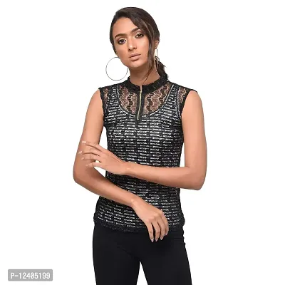 Rane Women's Solid Polyester Black 3/4Sleeve net top with Sando