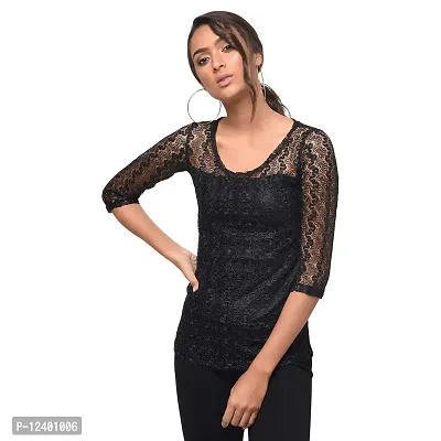 Rane Women's Solid Polyester Black 3/4Sleeve net top