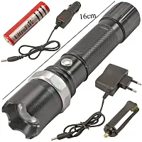 SPIRITUAL HOUSE Plastic Flashlight Torch with LED Bulb, AC Adaptor, DC Car Charger and Rechargeable Battery, Black-thumb1