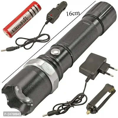 SPIRITUAL HOUSE Plastic Flashlight Torch with LED Bulb, AC Adaptor, DC Car Charger and Rechargeable Battery, Black-thumb2