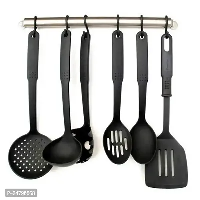 SPIRITUAL HOUSE Nylon Kitchen Tool Set of 6-Pcs - Black Spoons for Non Stick Cookware Spatula, Turner, Ladle, Spaghetti Server, Slotted  Solid Spoon